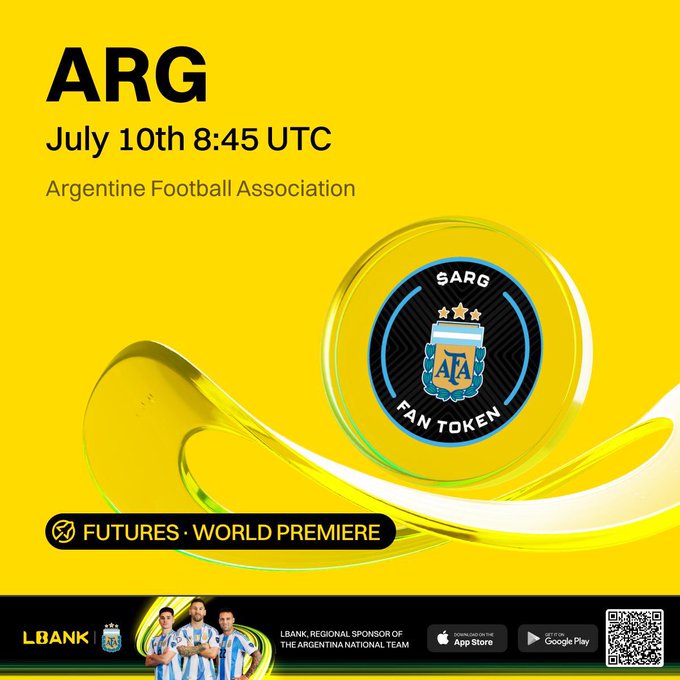 Promotional graphic for the $ARG (Argentine Football Association) Fan Token listing on LBANK, scheduled for July 10th 8:45 UTC, featuring a 'FUTURES · WORLD PREMIERE' banner.