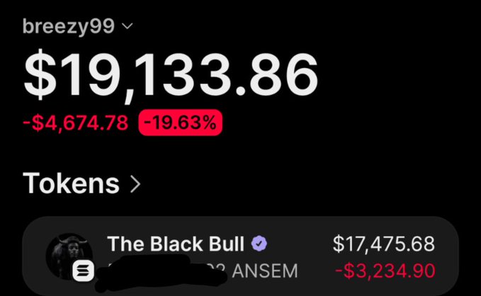 The image shows user "breezy99"'s portfolio at $19,133.86, down -$4,674.78 (-19.63%), with their top holding "The Black Bull" meme coin (associated with ANSEM) at $17,475.68, down -$3,234.90. The post suggests the user is sending small amounts of $ANSEM to reply guys, likely leveraging their large holdings in the token shown to encourage community engagement.