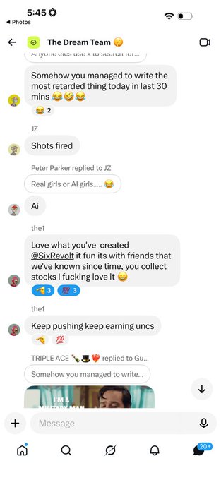 A smartphone screenshot of a Twitter group chat titled 'The Dream Team' where users discuss AI-generated art, with messages including 'Real girls or AI girls' and 'Somehow you managed to write the most retarded thing today in last 30 mins'.