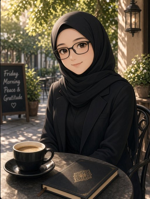An anime-style illustration of a young woman wearing a black hijab and glasses, sitting at an outdoor cafe table with a coffee cup, a book, and a sign that reads 'Friday Morning Peace & Gratitude'.