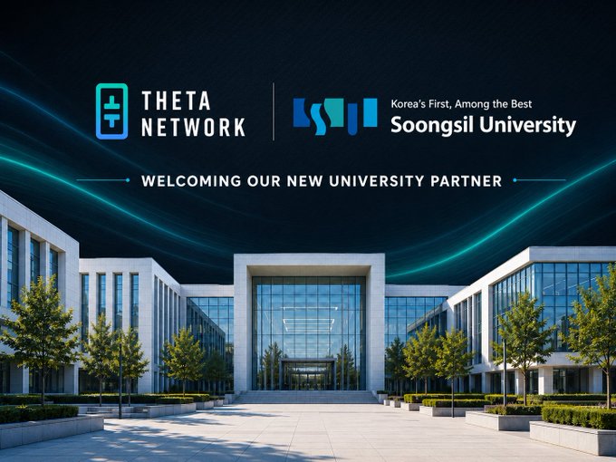 The image features a large white building with a glass entrance, surrounded by trees. In front of the building, there are two smaller buildings located next to each other. The main focus of the image is a banner that reads "Welcome Our New University Partner", indicating that Soongsil University has joined Theta's academic research network as its 36th member through the HUMANE Lab led by Prof. Kunwoo Park.
