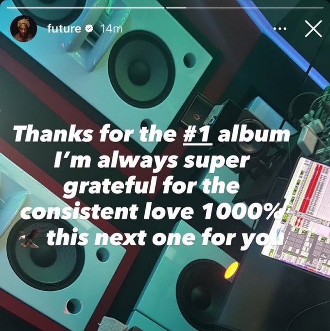 The image shows an Instagram story from the account "future" featuring a recording studio setup, with the message: "Thanks for the #1 album I'm always super grateful for the consistent love 1000% this next one for you." This relates to the "#INFINITY otw!" post by teasing that his next album (likely "I NEVER LIKED YOU" or a future release titled "INFINITY") is coming as a thank-you to fans for their ongoing support.