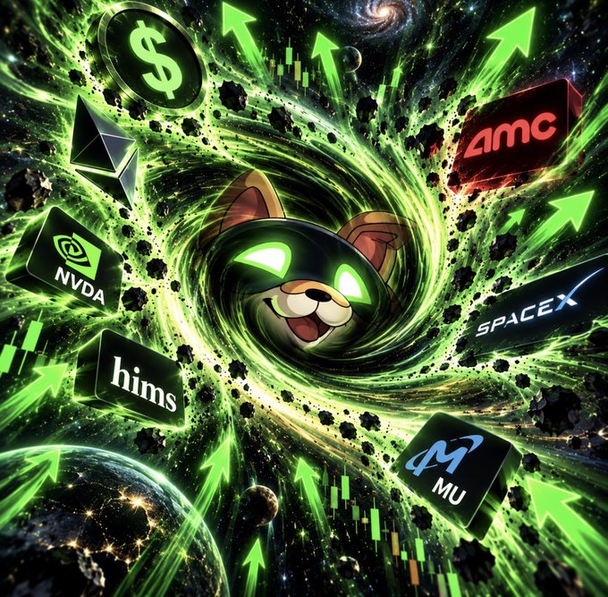 A digital artwork shows a glowing-eyed cartoon cat emerging from a green swirling galaxy/vortex, surrounded by stocks rising arrows and logos including AMC, NVDA, hims, SpaceX, and MU.