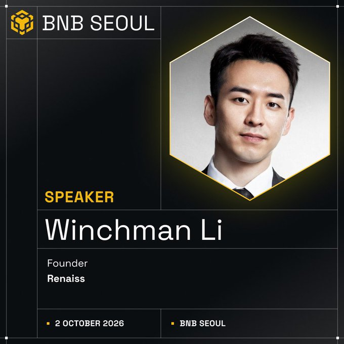 Professional BNB SEOUL speaker profile card for Winchman Li, Founder of Renaiss, featuring a hexagonal portrait and the event date "2 OCTOBER 2026".