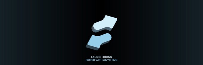 A logo featuring two stylized blue and white curved shapes with the text 'LAUNCH COINS PAIRED WITH ANYTHING' displayed on a dark background.