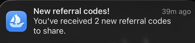A mobile notification from an app with a blue sailboat icon reading 'New referral codes! You've received 2 new referral codes to share.' dated '39m ago'.