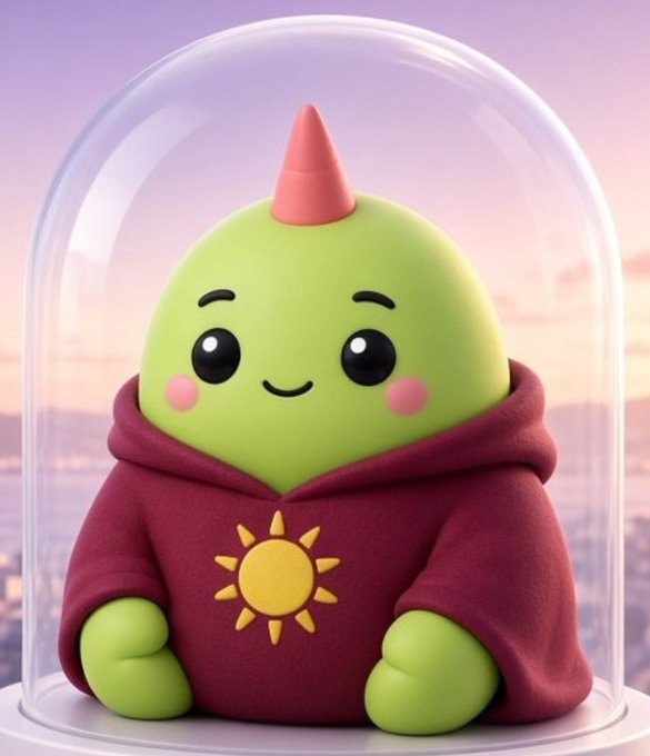 A 3D illustration of a cute green alien-like character with a pink horn and a maroon hoodie featuring a yellow sun design, sitting inside a glass dome with a cityscape background.