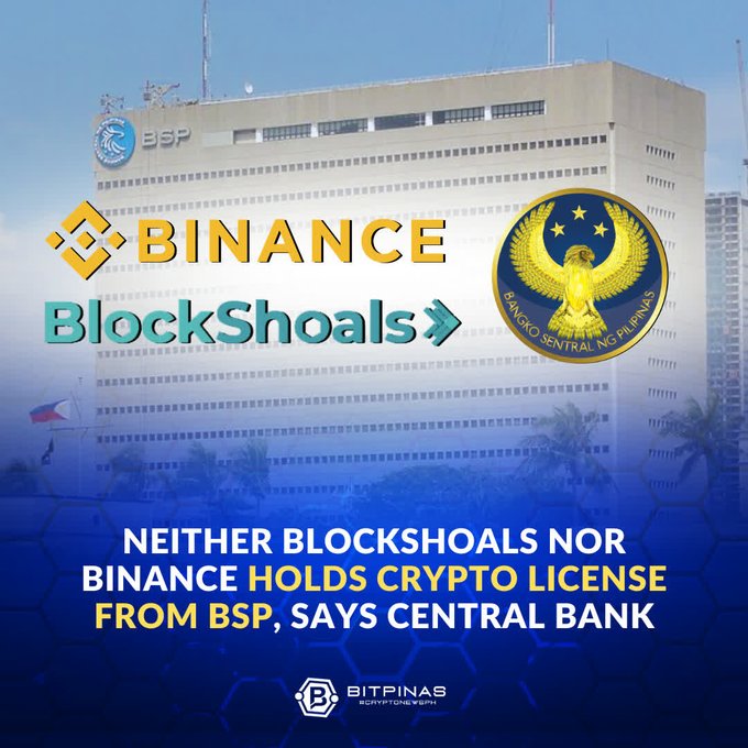 The image shows an advertisement for BlockShoals, which is a company that provides virtual asset services. The text in the image states that neither @binance nor its local partner, BlockShoals Technologies Inc., holds a Certificate of Authority to operate as a Virtual Asset Service Provider (VASP). This information is important because it indicates that the advertisement is promoting a service or product related to cryptocurrency and virtual assets rather than a traditional financial institution.