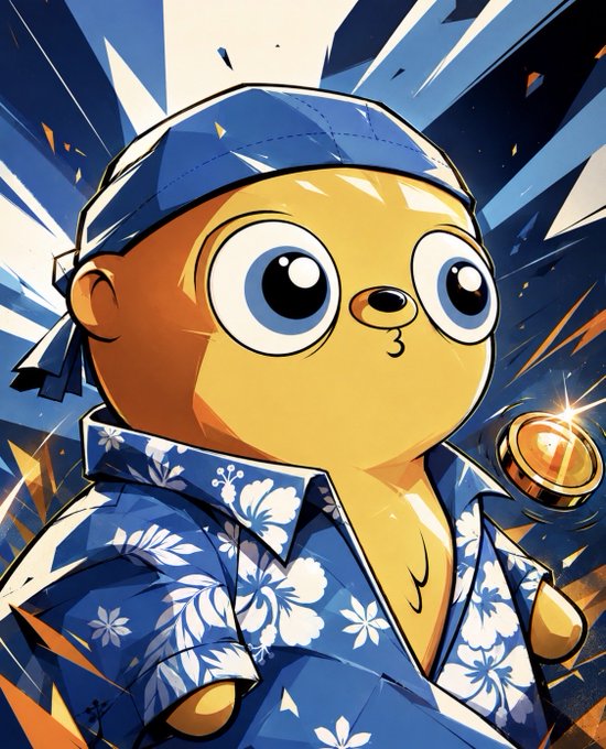 A cartoon illustration of a yellow bear-like character wearing a blue and white floral Hawaiian shirt and a blue headband, with a gold coin beside it against a dynamic blue background.
