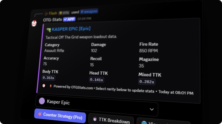 A Discord bot response showing KASPER EPIC weapon loadout statistics from OTG-Stats for an Assault Rifle with 102 damage, 850 RPM fire rate, 75 accuracy, and various TTK values.