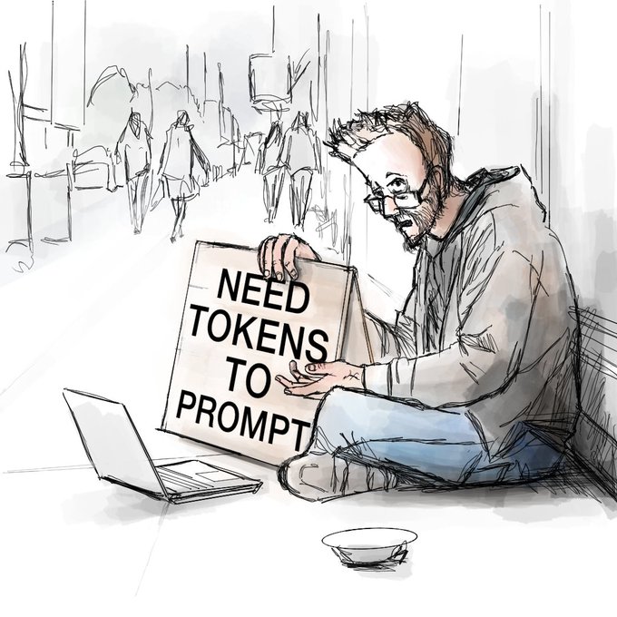 An illustration of a bearded man sitting on the street with a laptop and a sign reading 'NEED TOKENS TO PROMPT,' parodying a homeless person begging, in reference to AI costs.