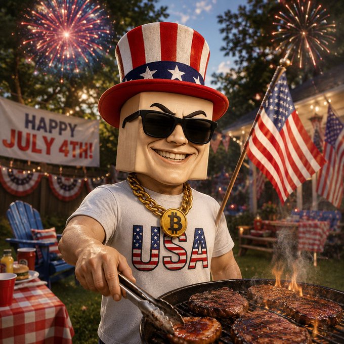A "Blocky" character in a USA top hat and Bitcoin chain grills on a "Happy July 4th!" Independence Day, tying the patriotic theme to the post's nod to the Genesis Block and $BLOCKY.