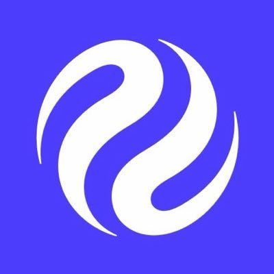 A white stylized swirl logo resembling a flame or flower is displayed against a solid purple background.