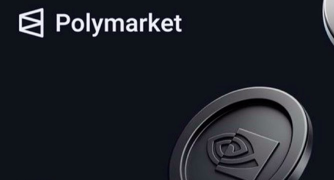 A dark promotional banner for Polymarket featuring its logo and a stylized coin emblem on the right side.