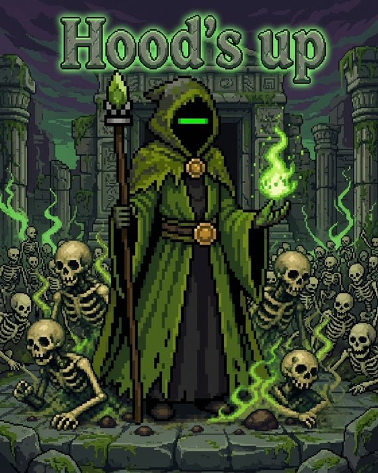 A pixel art illustration showing a hooded figure in a green robe holding a staff and glowing green flame, surrounded by skeletons in a dark dungeon, with the title 'Hood's up' at the top.