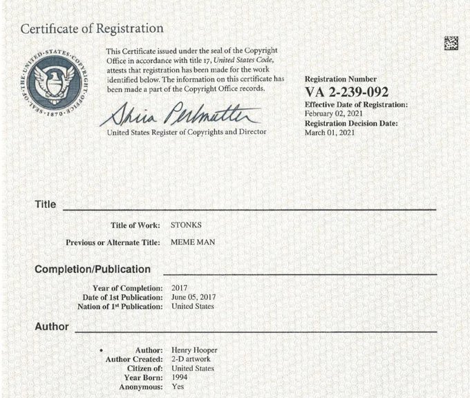 A US Copyright Office Certificate of Registration for the work 'STONKS' (alternate title 'MEME MAN'), authored anonymously by Henry Hooper in 2017, registered on March 01, 2021 with registration number VA 2-239-092.