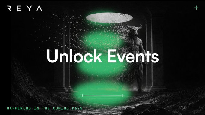The image features a webpage for an event called "Reya Unlock Events". The webpage has a dark background with white text, which says "Unlocks coming up that you should be tracking". This event appears to involve cryptocurrency trading or some form of digital currency exchange. The website also includes details about the app and provides an option to track upcoming events by searching for "reya" followed by the term "Unlocks coming up".