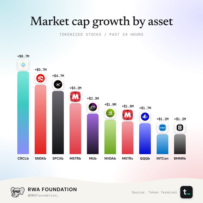 A bar chart titled 'Market cap growth by asset' for TOKENIZED STOCKS over the past 24 hours, showing assets like CRCLb (+$8.7M), SNDKb (+$5.7M), SPCXb (+$4.7M), MSTRb (+$3.2M), MUb (+$2.3M), NVDAb (+$1.9M), MSTRx (+$1.8M), QQQb (+$1.7M), and INTCon and BMNRb (+$1.2M each).