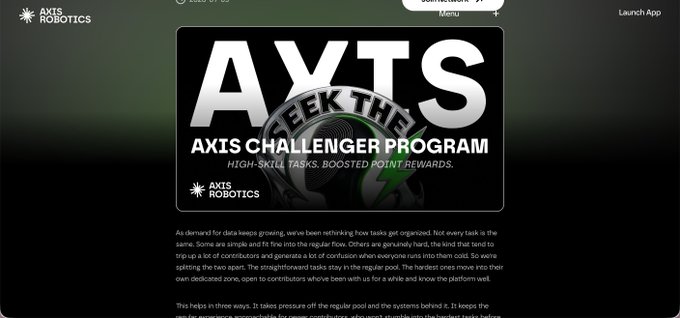 A website banner for the 'AYTS AXIS CHALLENGER PROGRAM' by AXIS ROBOTICS, advertising 'HIGH-SKILL TASKS, BOOSTED POINT REWARDS' with accompanying text about data tasks.