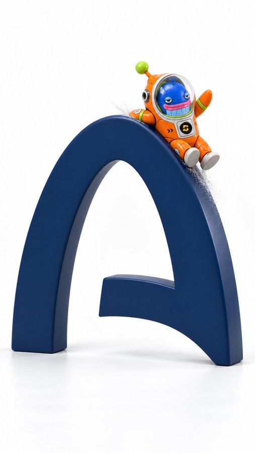 A 3D rendered character in an orange astronaut suit sliding down a large blue letter "A".