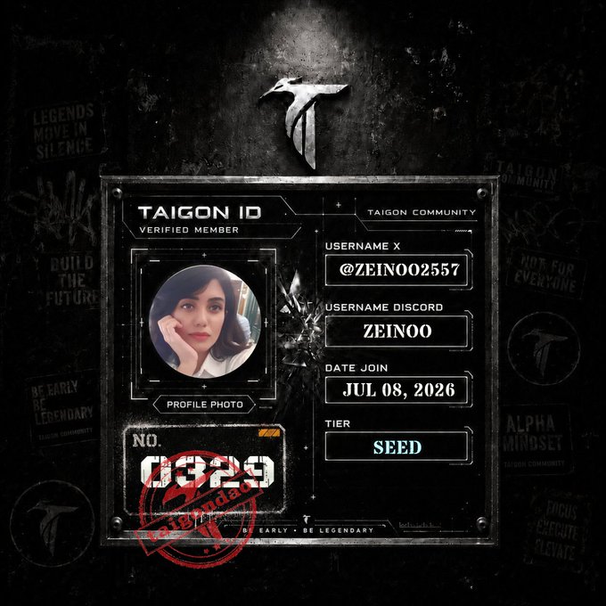 A 'TAIGON ID' verified member card for user @ZEINO02557 with Discord username ZEINOO, dated JUL 08, 2026, tier 'SEED,' and member number 0329 stamped with 'Legendary.'