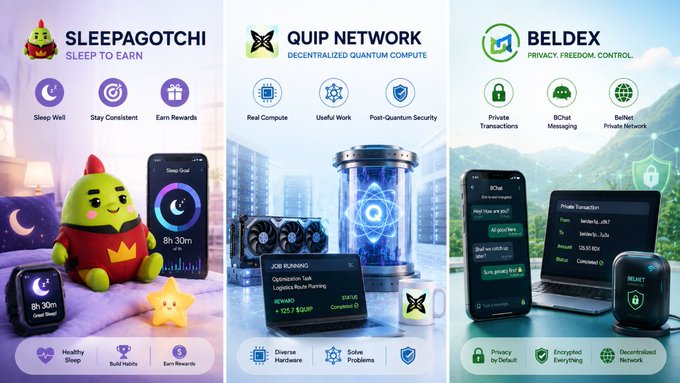 A promotional image for three crypto projects: Sleepagotchi (Sleep to Earn), Quip Network (Decentralized Quantum Compute), and Beldex (Privacy, Freedom, Control).