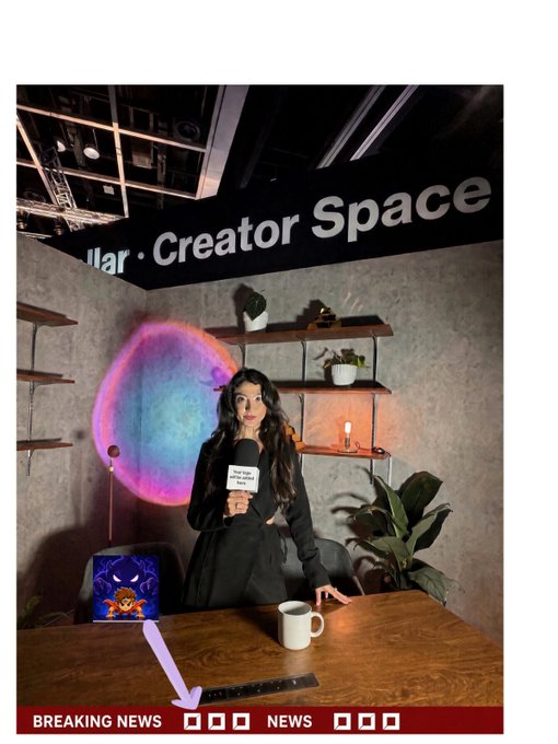 A woman with long dark hair in a black outfit sits at a wooden table in the 'Mar · Creator Space', holding up a card that reads 'Dont forget to show the BUTT', with a 'BREAKING NEWS' banner across the bottom.