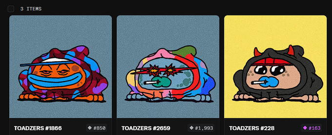 A digital marketplace listing showing three 'Toadzers' NFT items (#1866, #2659, #228) featuring colorful, stylized toad characters with prices listed in ETH.
