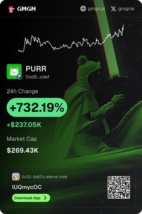 Mobile app screenshot for GMGN showing a token called 'PURR' (0xd9...cdef) with a massive 24h change of +732.19%, a market cap of $269.43K, and a referral code 'IUQmycO' with a download button.