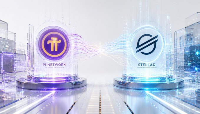 The image depicts a futuristic digital scene featuring two glowing orbs connected by streams of light, representing a technological link between Pi Network (PI) and Stellar (XLM) blockchains, illustrating the announced mainnet upgrade of Pi Network to Stellar Protocol 25.