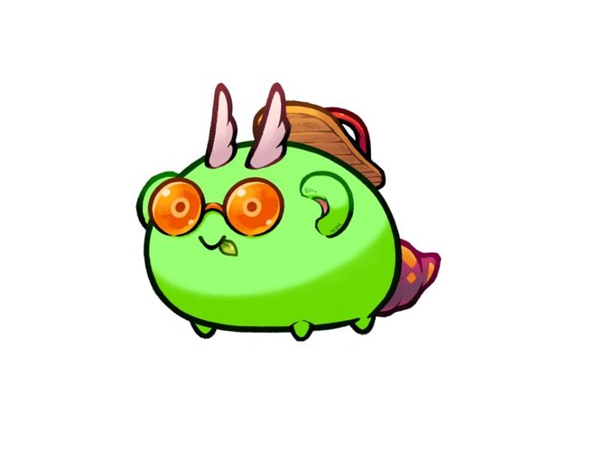 A cartoon-style illustration of a round green creature with orange-tinted glasses, pink ears, and a backpack, appearing to be a game character or NFT.
