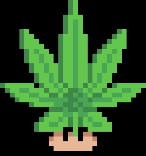 A pixel art illustration of a green cannabis/marijuana leaf with a brown stem set against a solid black background.