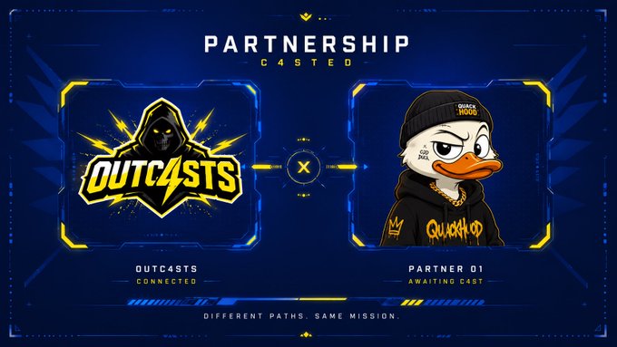 A 'PARTNERSHIP CASTED' graphic showing a collaboration between 'OUTC4STS' and 'PARTNER 01', featuring a duck mascot in a black beanie and hoodie on a blue tech-style background.