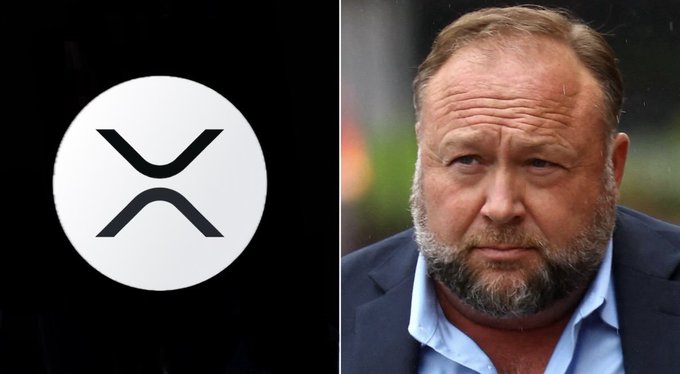 The image is a split composition: on the left, the white XRP cryptocurrency logo is displayed against a black background, and on the right is a photograph of Alex Jones, the controversial media personality known for his InfoWars show. The post promotes $XRP, claiming Alex Jones made bullish comments about it on his broadcast, while also promoting the $BXE token as an ecosystem for independent voices, urging viewers to buy.