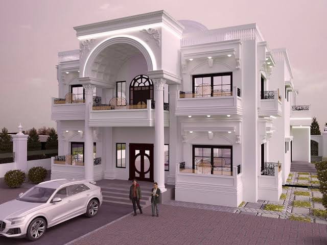A grand white luxury mansion with classical columns, arched entryways, and ornate balconies stands prominently, with a silver SUV parked out front and two people chatting near the entrance. The image showcases an opulent architectural design that would likely cost far more than the $50,000 USDT referenced in the post to actually construct, making it an aspirational "dream house" rather than a realistic budget build in Nigeria.