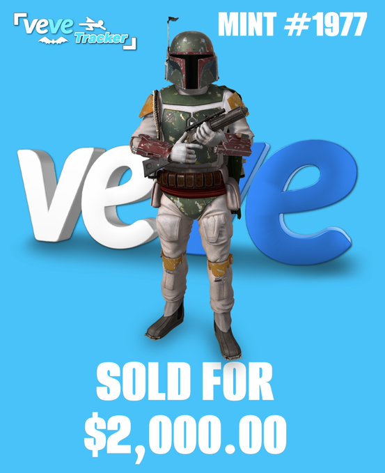 A Veve Tracker promotional image showing a Boba Fett action figure (Mint #1977) that sold for $2,000.00, set against a blue background with the Veve logo.