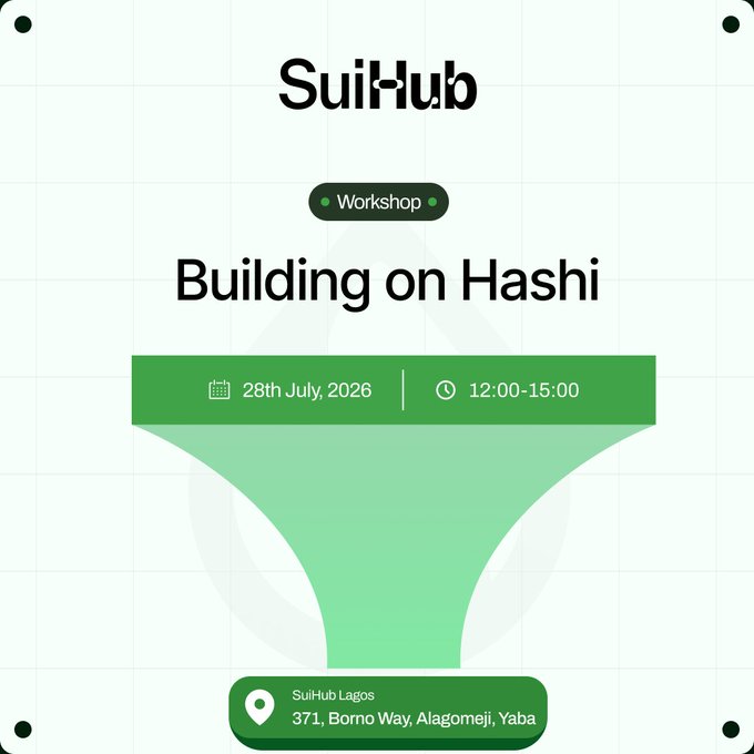 A SuiHub Lagos workshop flyer titled 'Building on Hashi' scheduled for 28th July, 2026 from 12:00-15:00 at 371, Borno Way, Alagomeji, Yaba.