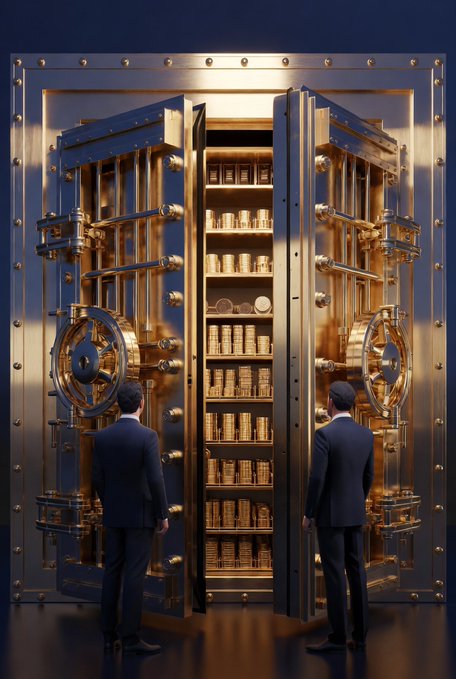 A digital artwork showing two men in suits standing before a massive, glowing gold vault filled with stacks of gold coins.