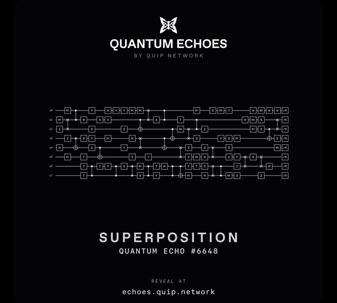 Black promotional graphic for 'Quantum Echoes by Quip Network' featuring a complex quantum circuit diagram and text for 'Superposition - Quantum Echo #6648' to be revealed at echoes.quip.network.