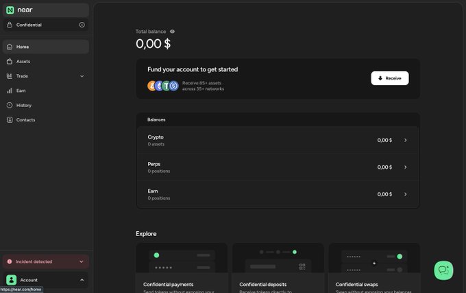 The image displays the NEAR.com (near.org) wallet dashboard showing a "Confidential" account with a total balance of 0.00 $ across Crypto, Perps, and Earn categories, all empty. This relates to the post as the user has just created this NEAR account to explore and test the platform's products firsthand.