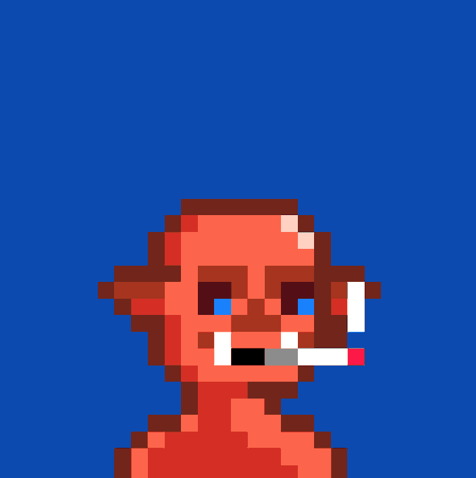 A pixel art portrait of a bald man with a cigarette dangling from his mouth, rendered in red, orange, and brown tones against a solid blue background. The post "More than just a JPEG to me" suggests the image holds personal or sentimental significance to the creator, likely as a meaningful avatar, profile picture, or token tied to their identity in digital or crypto communities.