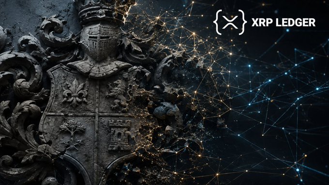 A weathered stone crest slowly dissolves into a glowing web of interconnected nodes beside the "XRP LEDGER" logo, symbolizing how traditional wealth erodes as it transitions into a new digital network. The crumbling heraldry visually reinforces the post's message that holding XRP alone is insufficient to safeguard one's assets in an evolving financial landscape.