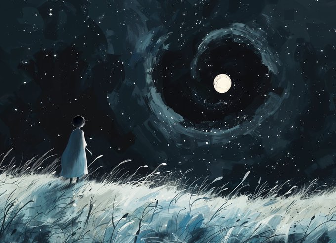 An illustration of a small figure in a white cloak standing in a grassy field under a starry night sky with a swirling vortex and full moon.
