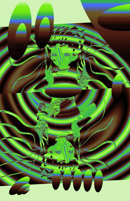 An abstract, glitchy green and brown digital artwork featuring a stylized figure with tentacle-like limbs surrounded by swirling hypnotic patterns.