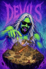 The image features a cartoon illustration of a man with long hair wearing sunglasses and holding a finger pointing at something above him. The scene takes place against a purple background, which appears to be a part of a poster or comic book cover for "Devils". The title of the post is prominently displayed in white text below the illustration, reading "Good evening Solana fam, Exploring @DevilsSOL666 Midgard gDEVILS".