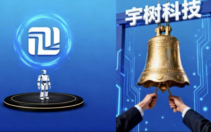 A split image: on the left, a small robot stands on a platform with a glowing 'YL' logo above it; on the right, a golden bell is rung by hands in business suits against a blue circuit-board background, with Chinese text '宇树科技' (Unitree Robotics) above.