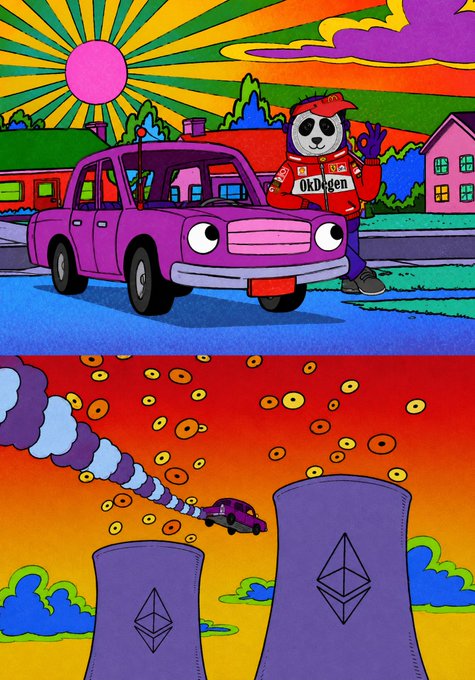 Two vibrant, psychedelic illustrations featuring a panda in an 'OddDegen' racing suit with a purple car, alongside Ethereum logos and a surreal landscape.
