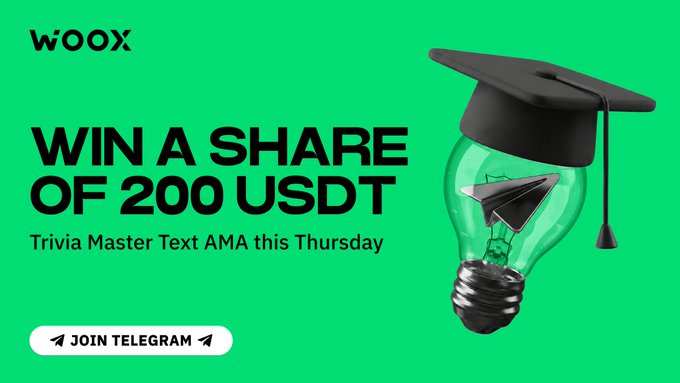 The image features a lightbulb with a graduation cap attached to it, which is part of an advertisement for a WOOX campaign. The text on the image reads "Win a share of 200 USDT by tracking our ongoing WOO X Trivia Master campaign. Step one is simple: get into our Telegram community now to prepare for this Thursday'S text AMA session at 8:00 PM UTC+8". The caption also mentions that there are benefits and a Friday quiz, which encourages people to participate in the campaign.