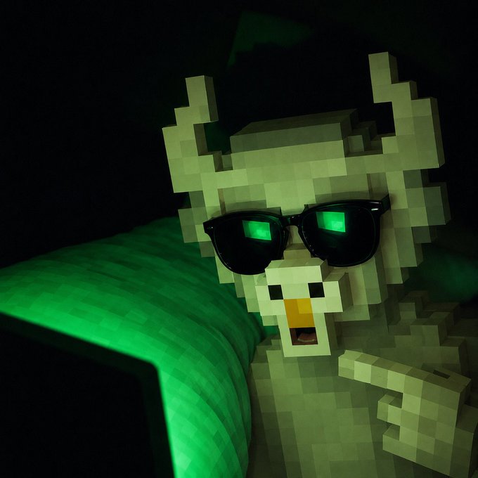 A meme-style photo of a Minecraft axolotl wearing sunglasses in a dark setting illuminated by a green screen.
