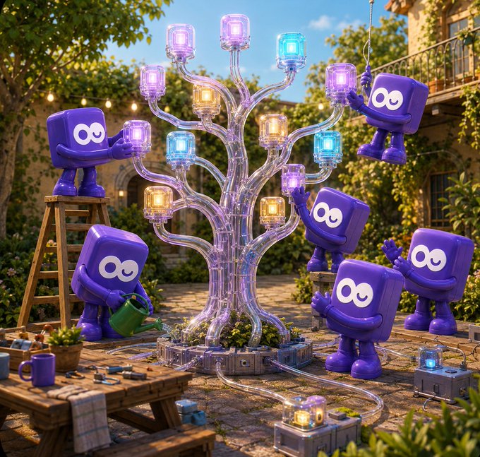 A whimsical 3D-rendered scene shows several purple cube-shaped characters with googly eyes tending to a glowing, transparent mechanical tree structure adorned with colorful light cubes in a garden setting.